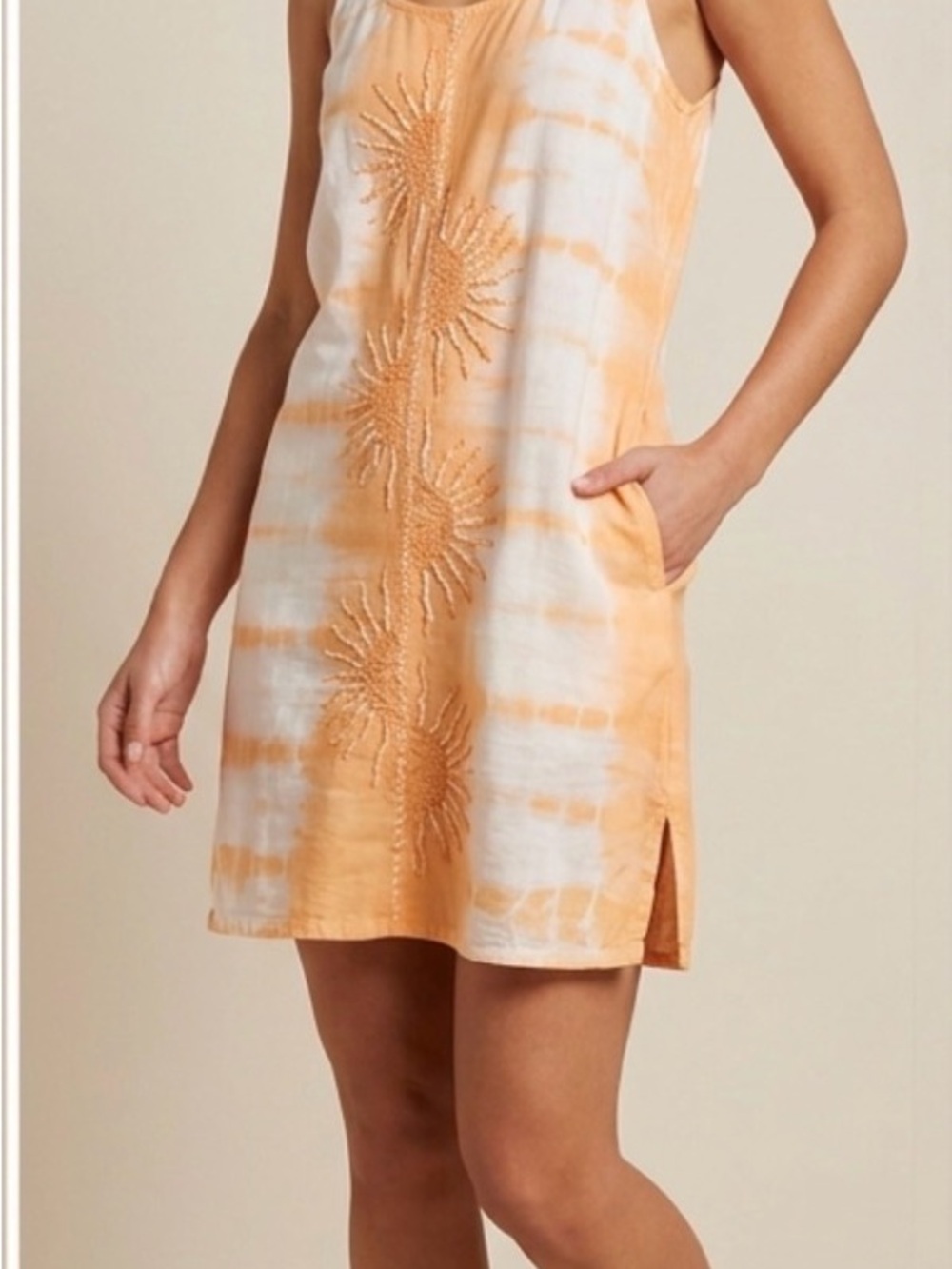 Sleeveless Orange Tie-Dye Sun Embroidery Dress